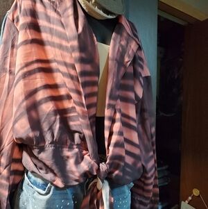 Black and Pinkpurple  Striped Sheer Blouse